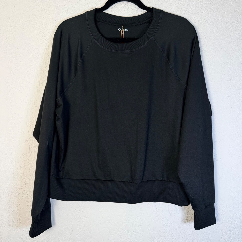 NEW Quince Womens M Flowknit Pullover Crew Black Long Sleeve Activewear
